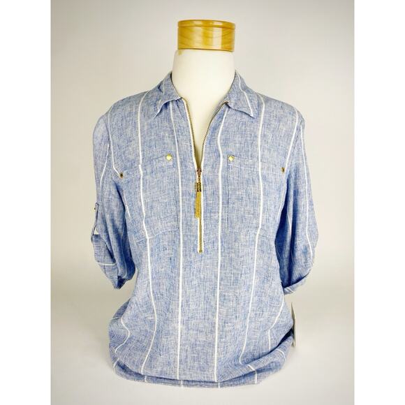 Ellen Tracy Linen Blend Top Large Waffle Knit High Low Beach Coastal Cottagecore - Picture 1 of 9